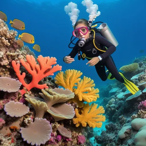 Prompt: Kids scuba diving planting corals on the reef,the reef is filled with vibrant colors of underwater life 
