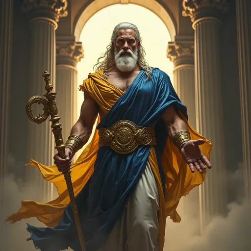 Prompt: Un maestoso dio Giano, signore degli inizi e delle fini, avvolto in un’aura di mistero e saggezza. Ha due volti distinti: uno giovane e uno anziano, simbolo della sua capacità di vedere il passato e il futuro. Indossa una tunica fluente color oro e blu, con dettagli che evocano il movimento e la transizione. Il suo sguardo è intenso e profondo, con un’aura di conoscenza e potere. Nella mano destra tiene una chiave dorata, simbolo delle porte che apre e chiude, mentre nella sinistra stringe un bastone cerimoniale decorato con incisioni sacre. Sullo sfondo, un grande arco monumentale con porte aperte e chiuse, evocando il suo ruolo di custode dei passaggi e delle transizioni. Atmosfera mitologica, colori solenni e armoniosi, con un’illuminazione che enfatizza la sua maestosità e il suo dominio sul tempo.