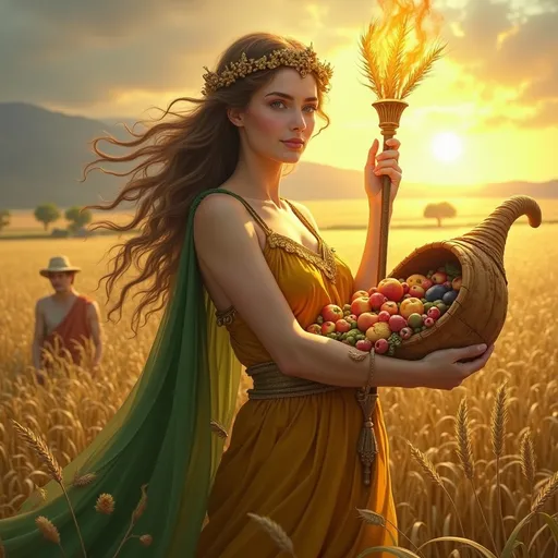 Prompt: Una maestosa dea Cerere, signora della fertilità e dei raccolti, avvolta in un’aura di abbondanza e prosperità. Indossa una tunica fluente color oro e verde, con una corona di spighe di grano intrecciate sul capo. Il suo sguardo è sereno e materno, con un’aura di saggezza e generosità. Nella mano destra tiene una fiaccola ardente, simbolo della luce e della vita, mentre nella sinistra stringe una cornucopia traboccante di frutti e grano. Sullo sfondo, campi dorati e rigogliosi, con contadini che celebrano il raccolto sotto un cielo luminoso. Atmosfera mitologica, colori caldi e armoniosi, con un’illuminazione che enfatizza la sua maestosità e il suo legame con la terra.