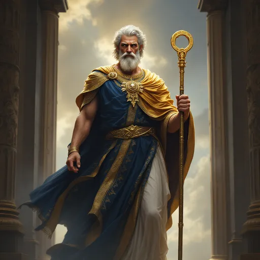 Prompt: Un maestoso dio Giano, signore degli inizi e delle fini, avvolto in un’aura di mistero e saggezza. Ha due volti distinti: uno giovane e uno anziano, simbolo della sua capacità di vedere il passato e il futuro. Indossa una tunica fluente color oro e blu, con dettagli che evocano il movimento e la transizione. Il suo sguardo è intenso e profondo, con un’aura di conoscenza e potere. Nella mano destra tiene una chiave dorata, simbolo delle porte che apre e chiude, mentre nella sinistra stringe un bastone cerimoniale decorato con incisioni sacre. Sullo sfondo, due grandi archi monumentali, uno a sinistra e uno a destra, evocando il suo ruolo di custode dei passaggi e delle transizioni. Atmosfera mitologica, colori solenni e armoniosi, con un’illuminazione che enfatizza la sua maestosità e il suo dominio sul tempo.