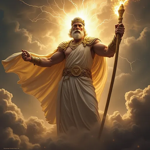 Prompt: Un maestoso dio Giove, imponente e regale, avvolto da un’aura dorata di potere. Indossa una tunica bianca con dettagli dorati, un mantello fluttuante e una corona d’alloro. Nella mano destra stringe un fulmine luminoso, pronto a scatenare la sua ira divina, mentre nella sinistra tiene uno scettro ornato. Il suo sguardo è severo e dominante, con nuvole tempestose che si addensano attorno a lui. Sullo sfondo, un cielo epico con lampi e tuoni, simbolo del suo dominio assoluto. Atmosfera mitologica, colori intensi e contrastati, con un’illuminazione drammatica che enfatizza la sua maestosità."