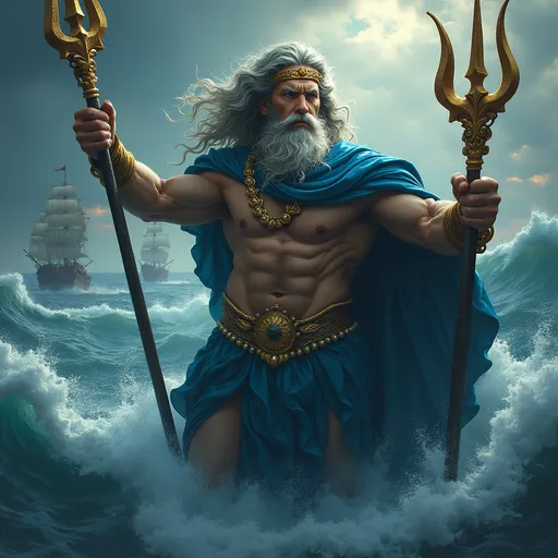 Prompt: Un imponente dio Nettuno, signore assoluto dei mari, avvolto da un’aura di potenza oceanica. Indossa un mantello blu profondo, decorato con motivi marini, e una corona d’oro tempestata di perle. Il suo tridente scintillante è sollevato, pronto a scatenare tempeste e onde gigantesche. Il suo sguardo è severo e dominante, con capelli e barba mossi dal vento marino. Sullo sfondo, un oceano in tempesta, con navi in balia delle onde e creature marine che emergono dalle profondità. Atmosfera mitologica, colori intensi e contrastati, con un’illuminazione drammatica che enfatizza la sua maestosità.