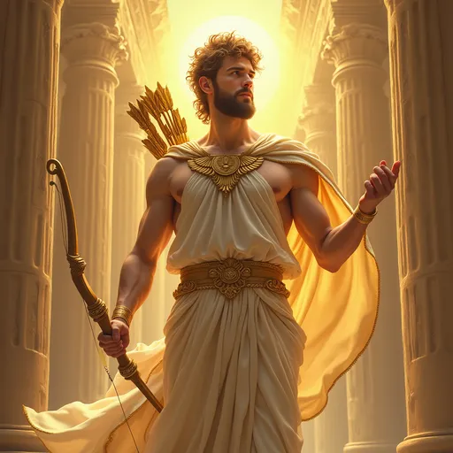 Prompt: Un maestoso dio Apollo, avvolto in un’aura dorata di luce e potere. Indossa una tunica bianca con dettagli dorati, un mantello fluttuante e una corona d’alloro. Nella mano destra stringe una lira scintillante, simbolo della musica e dell’arte, mentre nella sinistra tiene un arco elegante, pronto a scoccare frecce di verità e profezia. Il suo sguardo è fiero e sereno, con il sole splendente alle sue spalle, illuminando il cielo con raggi dorati. Sullo sfondo, un tempio antico circondato da colonne imponenti, con un’atmosfera mitologica e colori caldi e armoniosi.