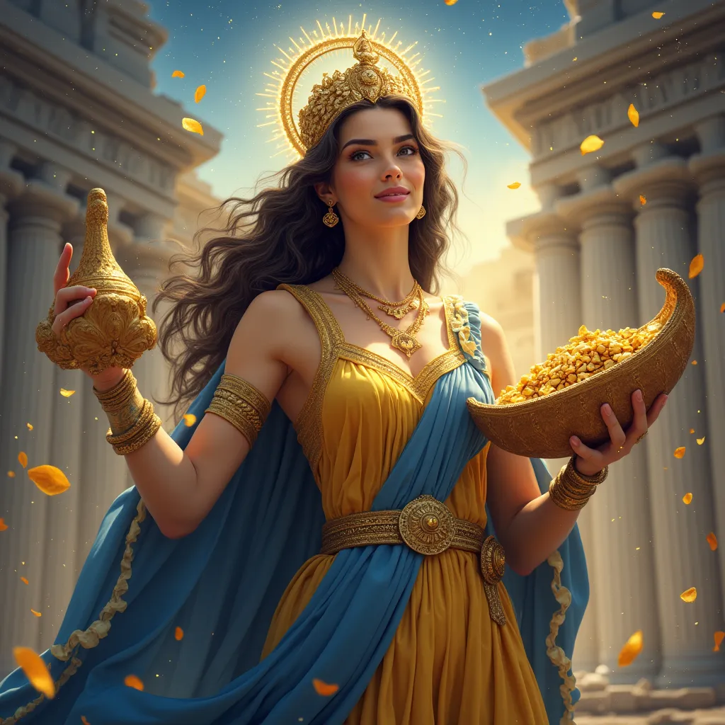 Prompt: Una maestosa dea Fortuna, signora del destino e della sorte, avvolta in un’aura di mistero e potere. Indossa una tunica fluente color oro e blu, con una corona di stelle sul capo, simbolo della sua influenza cosmica. Il suo sguardo è enigmatico e sereno, con un sorriso che suggerisce la sua natura imprevedibile. Nella mano destra tiene una cornucopia traboccante di ricchezze, mentre nella sinistra stringe una ruota dorata, simbolo del continuo mutare della sorte. Sullo sfondo, un cielo stellato e un tempio antico, evocando il suo ruolo di guida del destino umano. Atmosfera mitologica, colori luminosi e armoniosi, con un’illuminazione che enfatizza la sua maestosità e il suo potere insondabile."