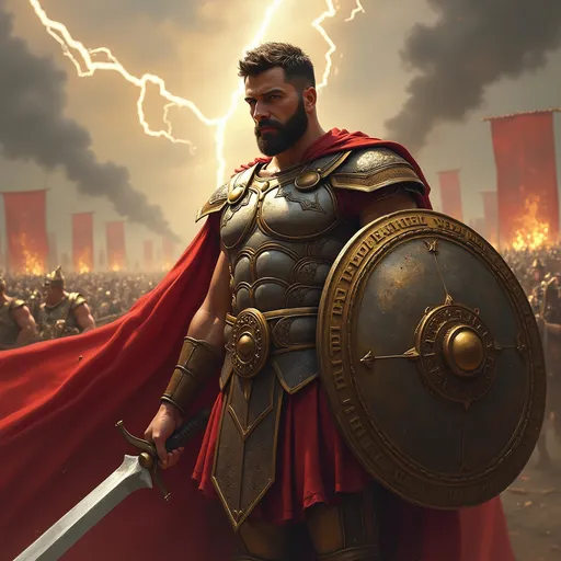 Prompt: Un possente dio Marte, avvolto in un’aura di guerra e potenza. Indossa un’armatura imponente, decorata con simboli di battaglia, e un mantello rosso che fluttua nel vento. Il suo volto è determinato e feroce, con occhi che brillano di strategia e furia. Nella mano destra stringe una spada splendente, mentre nella sinistra tiene un grande scudo ornato con incisioni di vittorie passate. Sullo sfondo, un campo di battaglia epico, con soldati e vessilli romani, mentre il cielo è attraversato da fulmini e fumo di guerra. Atmosfera mitologica, colori intensi e drammatici, con un’illuminazione che enfatizza la sua maestosità.