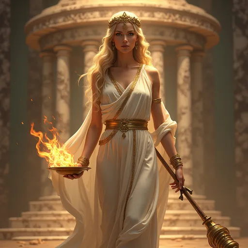 Prompt: Una solenne dea Vesta, custode del focolare e della sacralità domestica, avvolta in un’aura di calore e protezione. Indossa una lunga tunica bianca con dettagli dorati, simbolo della purezza e della devozione. Il suo sguardo è sereno e rassicurante, con un’aura di saggezza e tranquillità. Nella mano destra tiene una fiaccola ardente, rappresentando il fuoco sacro che non deve mai spegnersi, mentre nella sinistra una patera, simbolo delle offerte rituali. Sullo sfondo, un tempio circolare con colonne marmoree e un altare con una fiamma eterna, evocando il suo ruolo di protettrice delle case e delle tradizioni. Atmosfera mitologica, colori caldi e armoniosi, con un’illuminazione soffusa che enfatizza la sua grazia e sacralità.