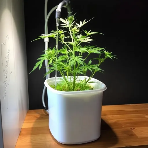 Prompt: Ebb and Flow hydroponics system for cannabis where water and nutrient solutions are pumped from a reservoir up to your growing area using a pump and timer. Then, as the water starts to rise and “flood” your grow tray (or whatever you’re using for a grow area), it reaches an overflow tube where it briefly soaks your plant’s roots and then trickles back down into your reservoir.