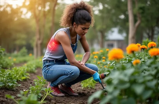 Prompt: woman feeling back pain while planting flowers with gardening tools and showing intense pain in her face. Illustrate the pain area in red.