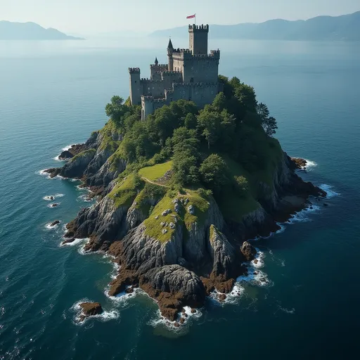 Prompt: a birdseye view of a small island, with a black castle, rocks