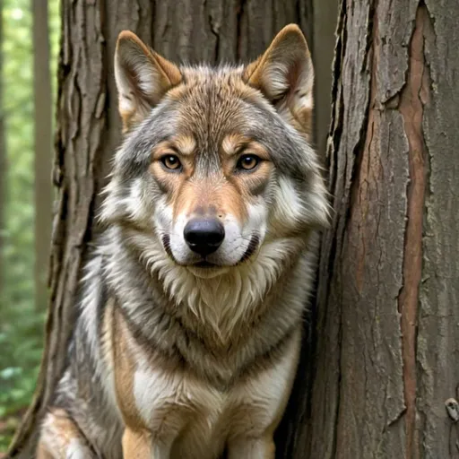 Prompt: a wolf, tree bark fur, in the forest