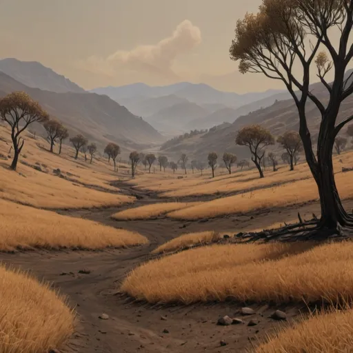 Prompt: a valley that has burnt trees, brown grass, green vegetation in the distance 