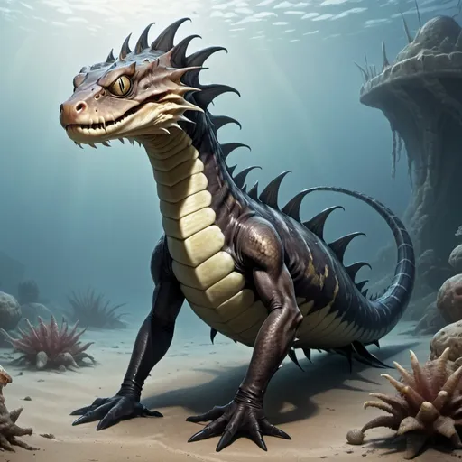 Prompt: snake eel sea monster, crawling on four legs, black, spikes on its back, long tail, beside ocean