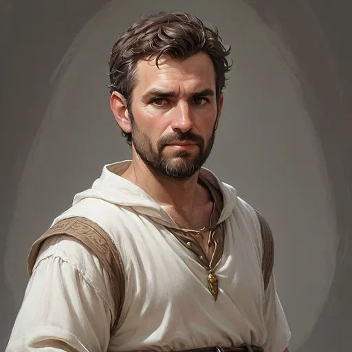 Prompt: white, middle aged man, short dark brown hair, dark brown beard,  brown eyes, wearing a white tunic