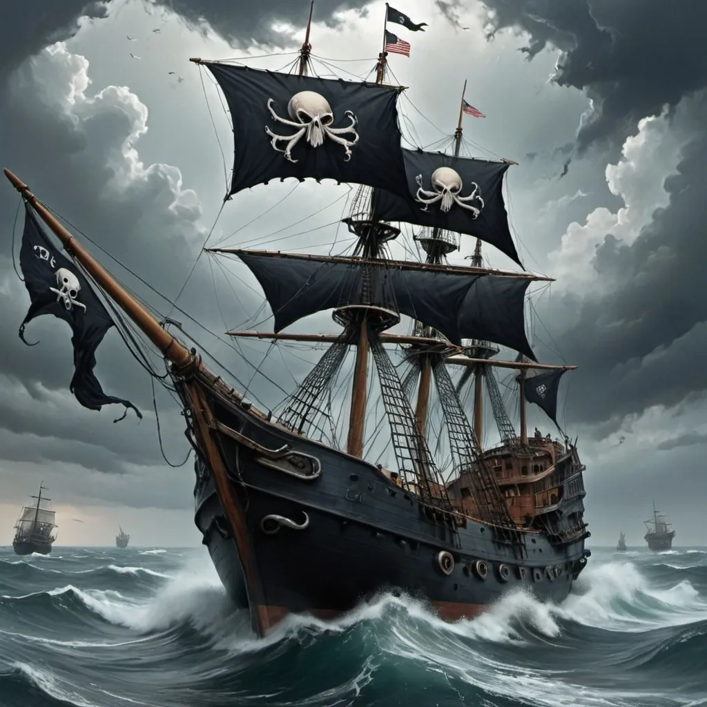 Prompt: angry ocean, black ship with octopus skull flag, blackbirds in the sky, stormy sky