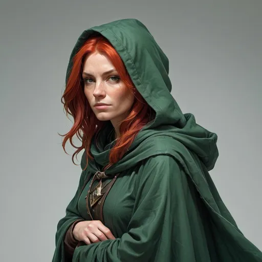 Prompt: a white middle aged woman, with bright red hair, wearing a green cloak with the hood over her head