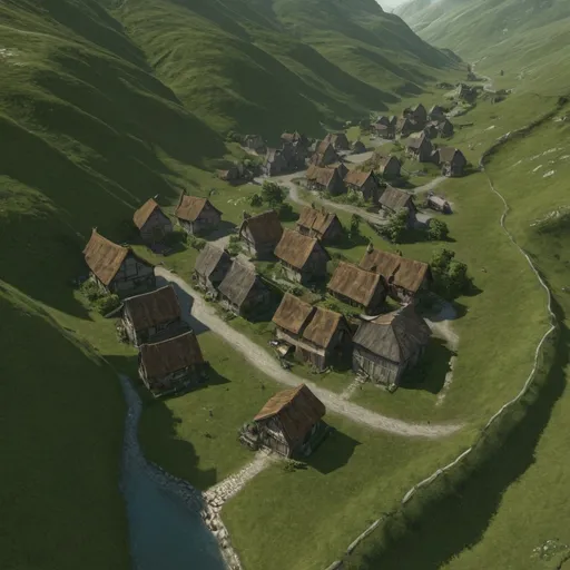 Prompt: small village of cottages, in a valley, midevil