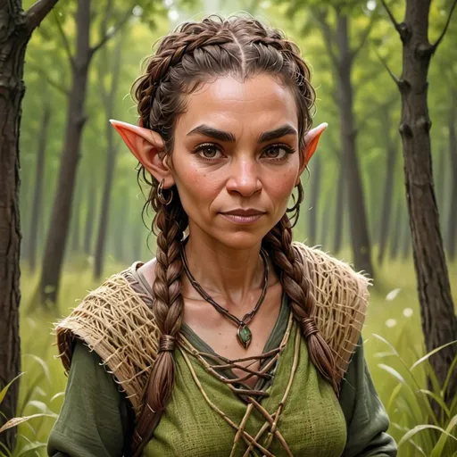 Prompt: older woman, lightbrown skin, dark brown braided hair, pointed ears, wearing woven grass clothes, barefeet, forest background