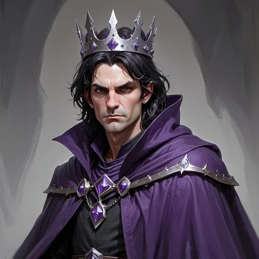Prompt: a white middle aged man, medium length black hair, a large pointy nose, looks evil, wearing a dark purple cloak, silver pointy crown