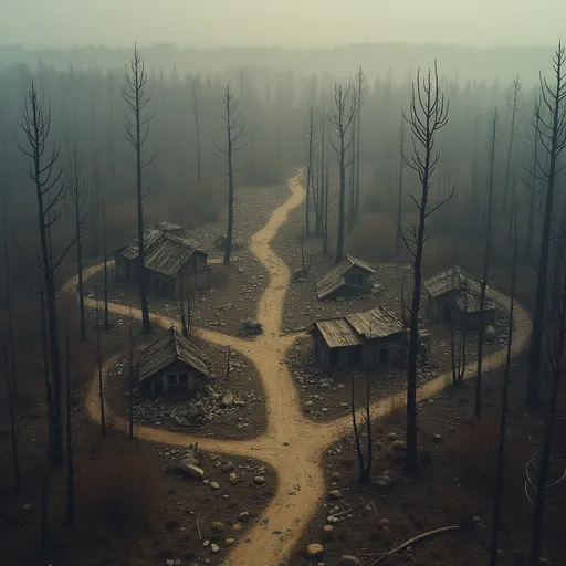 Prompt: a birdseye view of a ruined village, destroyed, burnt trees