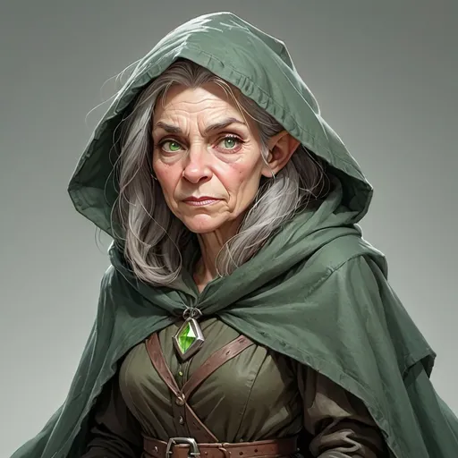 Prompt: a ugly old witch, wrinkles, pale green eyes, grey hair, wearing a green cloak with the hood over her head