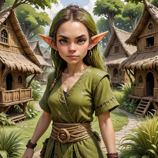 Prompt: woman, pointed ears, wearing woven grass clothes, barefeet, tree house village background