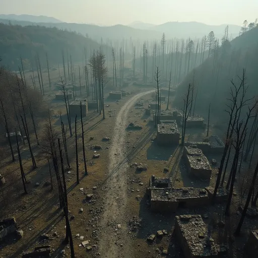 Prompt: a birdseye view of a ruined village, destroyed, burnt trees