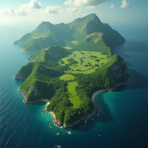 Prompt: a birdseye view of a magical land, streams, forest, plains, hills, surrounded by ocean, and a small island at the bottom