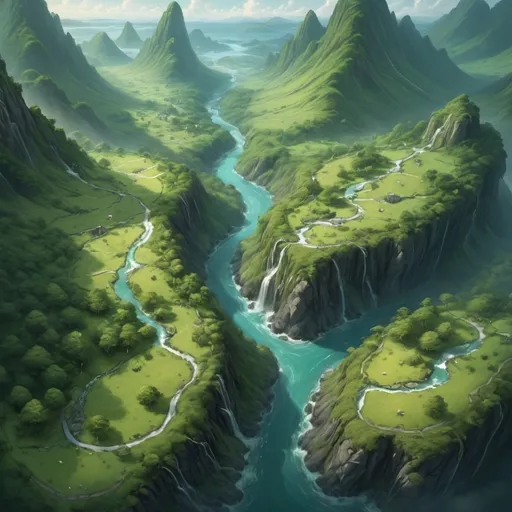 Prompt: birdseye view of a magical land, hills, valleys, streams, forests, surrounded by ocean