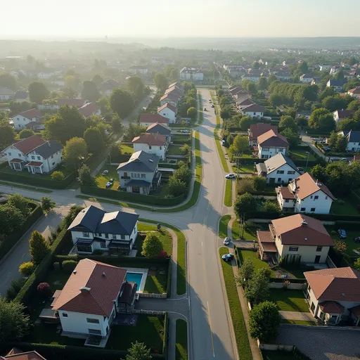 Prompt: a residential area with modern homes and lots of roads