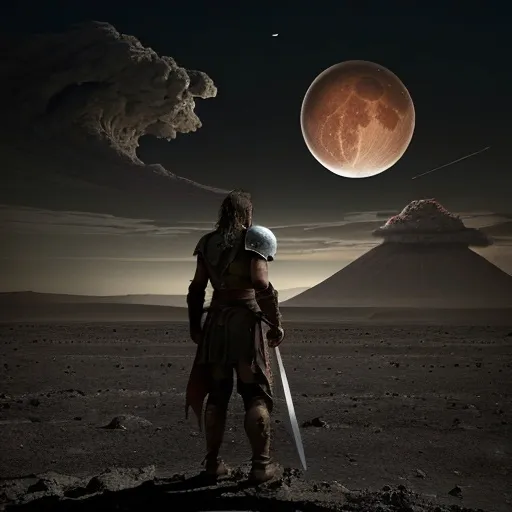 Prompt: a warrior, battle weary and aging, travels alone on a vast plain riddled with volcanoes. Two large moons are in the sky above him. His sword is broken and his clothes are tattered. He has wounds and his eyes speak of misery.