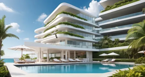 Prompt: In a stunning outdoor oasis, a sleek infinity pool glistens under the warm sun, reflecting the bright blue sky dotted with fluffy clouds. Flanking the pool are stylish white lounge chairs, each paired with large umbrellas that offer shade, inviting relaxation in a serene environment surrounded by lush greenery and palm trees. The modern round architecture of the multi-level building features expansive glass balconies adorned with vibrant plants, blending luxury with nature. This scene radiates tranquility and sophistication, evoking a perfect retreat by the water amidst a striking architectural backdrop.