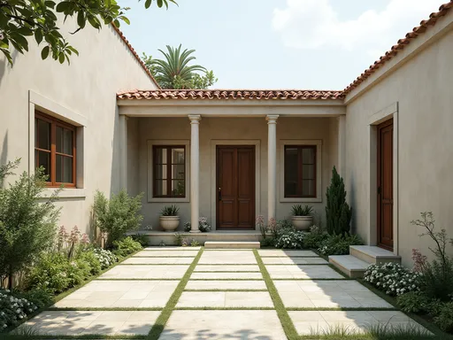 Prompt: Design a simple traditional Iranian rectangular courtyard with cement walls, a roof on the north side of the courtyard, a bathroom door, a window and a kitchen door on the south side, a basement and a jasmine garden on the west side, and a poured cement wall on the east side.