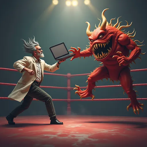 Prompt: Mad Scientist with a laptop fighting in a ring against a Html monster
