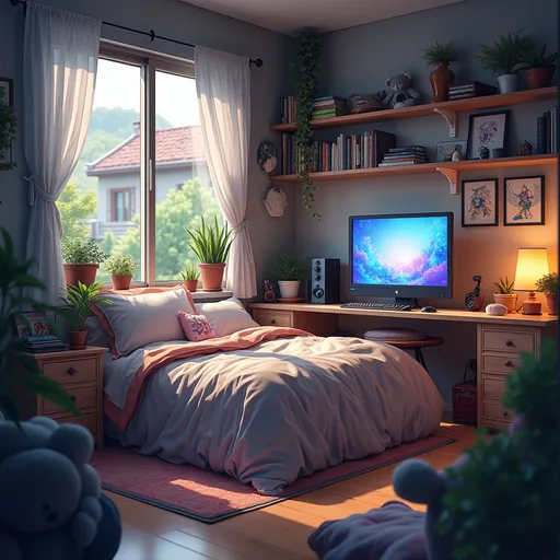 Prompt: A college student girl's bedroom with a desk equipped for streaming video Girly bedding with pillows and cozy comforter well lit.  A large window that gives a glimpse of a second floor and a not visible garden - there a seating place by the window.  There a few stuffed items and glimpses of anime favorites not distinguishable.
