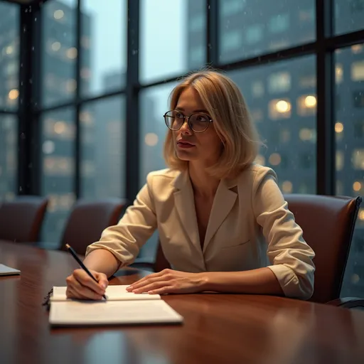 Prompt: caucasion woman with square face round glasses blonde shoulder length hair sitting at a table for a conference room discussion