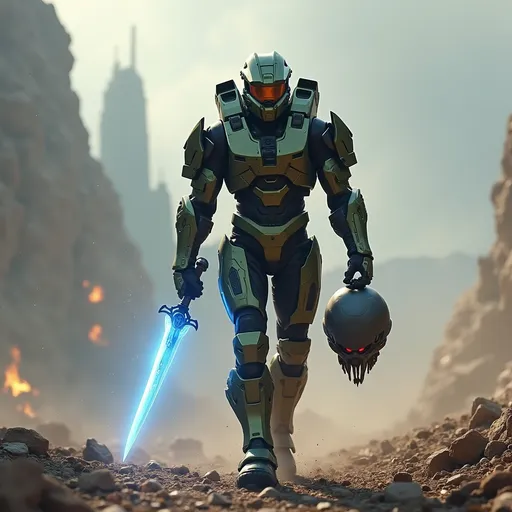 Prompt: Crea una imagen épica de Master Chief de Halo caminando sobre un campo de batalla alienígena, sosteniendo la cabeza de Atriox en una mano y una espada de energía azul encendida en la otra. El fondo muestra un paisaje devastado, con humo y escombros, y la armadura de Master Chief está detallada y reluciente.”