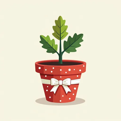 Prompt: create a logo with center base as a flower pot that looks like a gift with white polka dots on red and covered partly with a white ribbon. out of the pot a sapling with three oak leaves