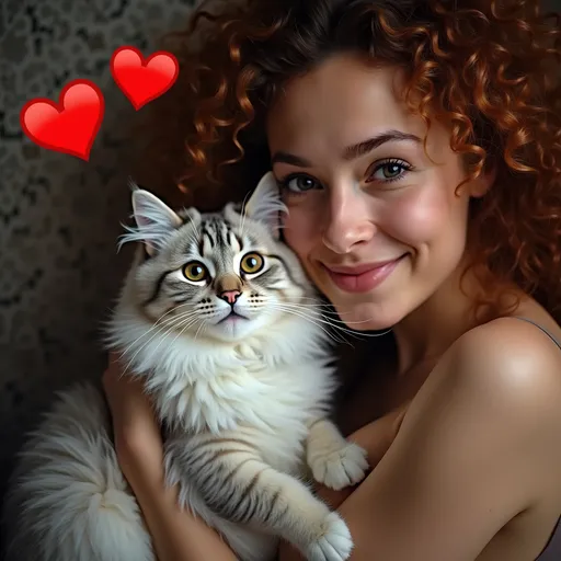 Prompt: A warm, intimate moment unfolds as a woman with curly, auburn hair leans towards the camera, her soft smile suggesting a deep affection. Cuddled closely in her arms is a fluffy cat, predominantly white with gray markings, gazing curiously at the viewer. The background is softly blurred, highlighting their connection, while two heart emojis in vibrant red punctuate the scene, amplifying the sentiment of love and companionship. The overall atmosphere is cozy, suggesting an indoor setting, possibly during a relaxed evening, as muted lighting embraces the subjects and creates an inviting ambiance.