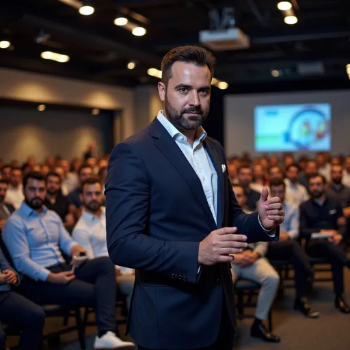 Prompt: @Ih4PJ0ISI83EhiZi0lyX is speaker at a conference  as a professional business guide to over 200 people in a large room