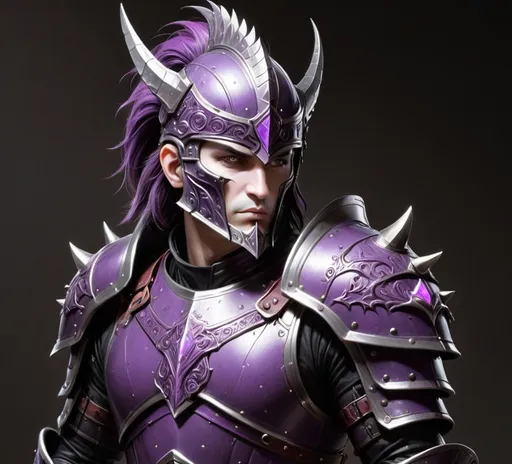 Prompt: White skinned and human, dark armor and helmet on the head but Visible face. clad in intricate armor featuring ornate, purple spiked shoulder pads and a detailed belt adorned with a red motif, stands confidently holding a pair of gleaming, curved swords. His outfit combines traditional elements, such as a long white tunic, with modern, combat-ready accessories, highlighted by elaborate embellishments on his arms. The setting is neutral, with a dark background that emphasizes the character's striking appearance and formidable stance. The overall mood conveys a sense of power and readiness for battle, blending fantasy and martial precision in a visually compelling way.