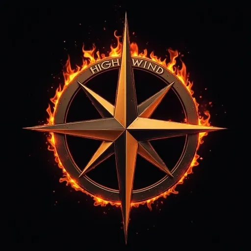 Prompt: faire un logo sur un fond noir avec une rose des vents et les inscription HIGHWIND dessus. le tout entouré d'un anneaux en flamme