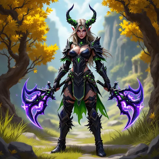 Prompt: Personnage feminin. Chasseuse de démon. Dans un cadre fantastique qui rappelle le monde vibrant d’un jeu vidéo, un personnage se tient avec assurance sur une toile de fond qui présente un terrain stylisé et des arbres au feuillage doré. Le personnage, paré d’une armure sombre et complexe soulignée d’accents verts brillants, possède une présence imposante, soulignant son comportement féroce. Des armes jumelles et dentelées avec une lueur violette éthérée sont bien en vue, renforçant leur position prête au combat. La palette de couleurs globale contraste avec la tenue sombre du personnage avec l’environnement lumineux, suggérant une atmosphère mystique. Cette scène transmet un air d’aventure et de puissance, incarnant l’essence d’un redoutable guerrier dans un royaume fantastique richement développé.