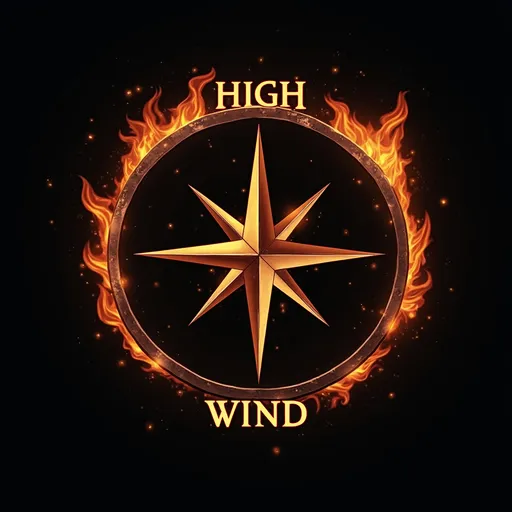 Prompt: faire un logo sur un fond noir avec une rose des vents et les inscription HIGH sur le dessus et WIND sur le dessous. le tout entouré d'un anneaux en flamme