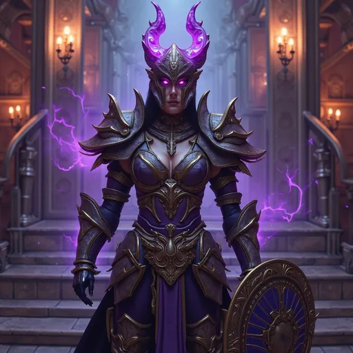 Prompt: Dans un intérieur grandiose et fantastique, orné de détails ornementaux, une femme draenei redoutable de World Of Warcraft adopte une pose puissante. Vêtue d'une armure finement conçue, aux teintes métalliques et aux touches de violet éclatant, elle dégage une force et une énergie mystique, son heaume cachant son visage et ressortant des cornes en forme d'ailes, reflète une redoutable paladine. D'une main, elle brandit une arme rayonnante d'une lueur éthérée, tandis que de l'autre, elle tient un bouclier aux motifs complexes, orné des mêmes reflets violets vifs. L'arrière-plan évoque une pièce vibrante, mais faiblement éclairée, avec des escaliers en bois et d'élégants candélabres, transmettant une impression de grandeur et d'aventure, comme si l'on se préparait à un affrontement épique. L'atmosphère générale est chargée d'un mélange exaltant de fantaisie et d'impatience au combat, capturant parfaitement l'essence d'un scénario de jeu de rôle épique.