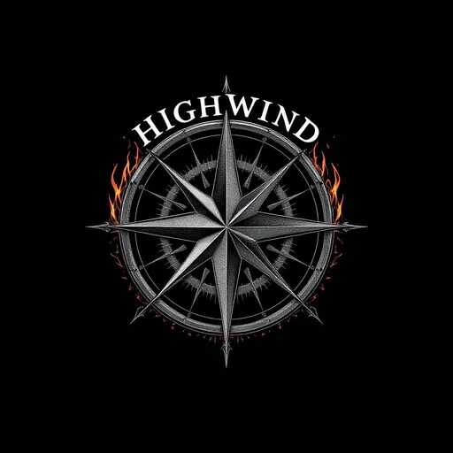 Prompt: Faire un logo sur fond noire représentant une compass rose entouré de feu avec l'inscription HIGHWIND dessue 