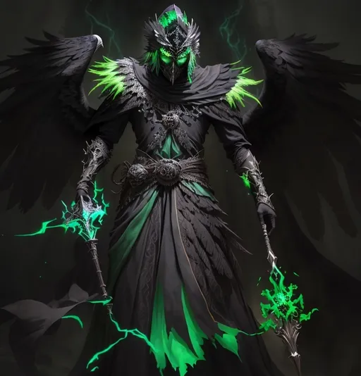 Prompt: Undead man. Eagle-shaped helmet.  Draped in a richly detailed dark robe adorned with tribal patterns, a powerful figure stands confidently, exuding an ethereal mystique. The character's head is crowned with a fearsome avian headdress, featuring vivid green accents that emit a ghostly glow, while their eyes shimmer with an otherworldly light. In one hand, they wield a menacing staff topped with ominous green energy, each detail reinforcing a sense of dark enchantment. The background is dominated by a subtle, textured design, enhancing the character's formidable presence against the shadowy backdrop. Overall, the scene conveys a blend of ancient magic and foreboding power, encapsulating the essence of a spellcaster steeped in dark arts.