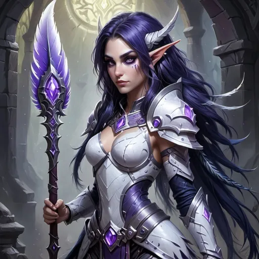 Prompt: je veux une femme elfe de la nuit prètresse dans l'univers de World Of Warcraft. Avec une armure blanche et des yeux blancs, cheveux bleu nuit. Des plumes violettes sans ailes sortent de ses épaulières. Maitrisant 2 armes enchantées. Une aura blanche prononcée autour d"elle