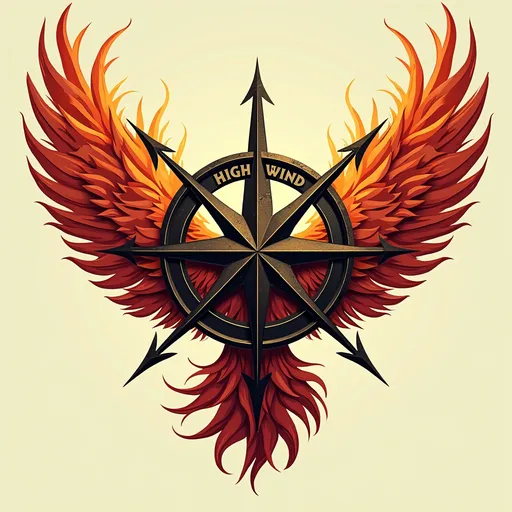 Prompt: Faire un logo représentant une compass rose avec l'inscription HIGHWIND dessue et en arrière plan des ailes de Phoénix en feu 