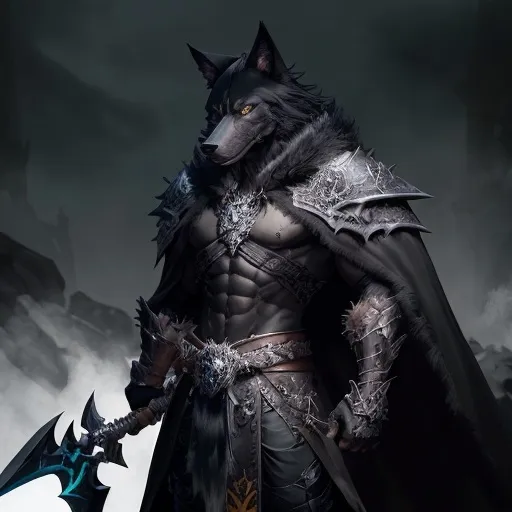 Prompt: Un personnage avec une tète de loup noire térrifiant et très féroce rugissant masculin sans capuche très musclé avec des poils de loup sur le torse chevalier de la mort de world of warcraft humanoïde féroce se dresse avec assurance, incarnant des traits de loup se tenant debout avec des griffes acérées et une posture dynamique. Leur tenue saisissante comprend une armure sombre complexe, accentuée par une cape de fourrure fluide et une capuche unique ressemblant à une tête de loup, avec des oreilles expressives. D’une main, ils brandissent une grande épée ornée, dont la lame brille d’une énergie verte vibrante, suggérant des prouesses magiques. L’arrière-plan est d’un noir profond, mettant en valeur les couleurs vives et les détails du personnage, créant un contraste intense qui attire l’attention sur sa présence imposante et son attitude prête au combat. Cette scène évoque un sentiment d’aventure et de fantaisie, faisant allusion à un récit imprégné de quêtes épiques et de mondes mystiques.