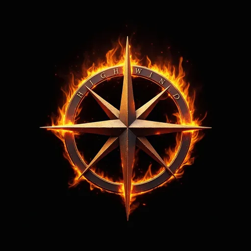 Prompt: Faire un logo sur fond noire représentant une compass rose entouré de feu avec l'inscription HIGHWIND dessue 